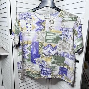 Vintage Basic Editions Women's Large Short Purple Green Patchwork Floral T-shirt